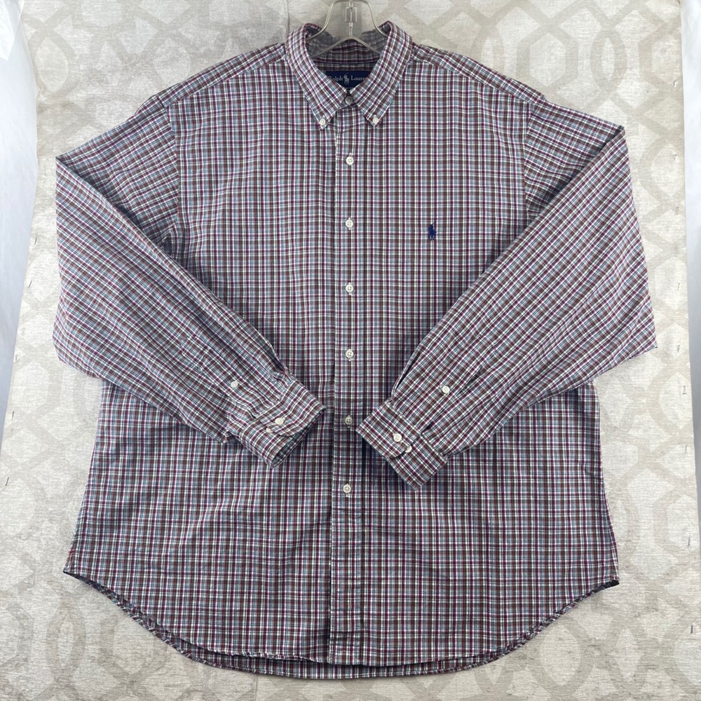 Ralph Lauren Mens XXL Classic Fit Plaid Button Down Shirt Red Cotton Long Slv
